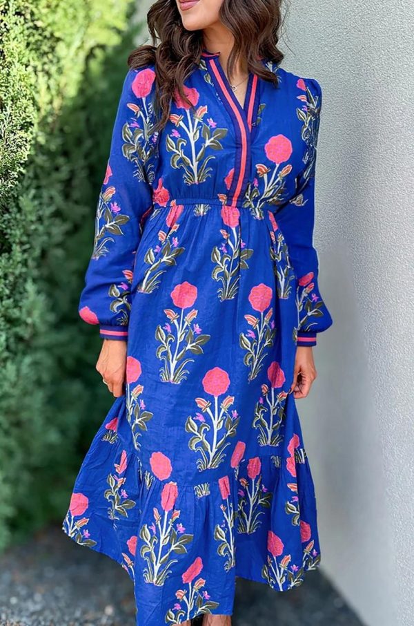 Midi Dresses | Women Blue Floral Print Pop Of Color Neckline Long Sleeve Midi Dress
