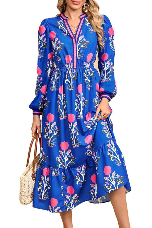 Midi Dresses | Women Blue Floral Print Pop Of Color Neckline Long Sleeve Midi Dress - Image 2