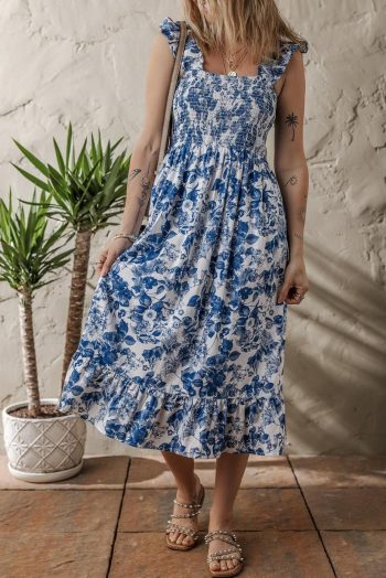 Midi Dresses | Women Blue Floral Print Ruffle Strap Square Neck Smocked Bodice Midi Dress