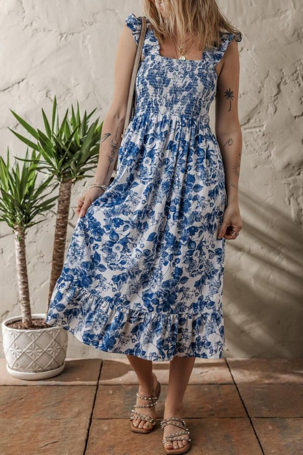 Midi Dresses | Women Blue Floral Print Ruffle Strap Square Neck Smocked Bodice Midi Dress