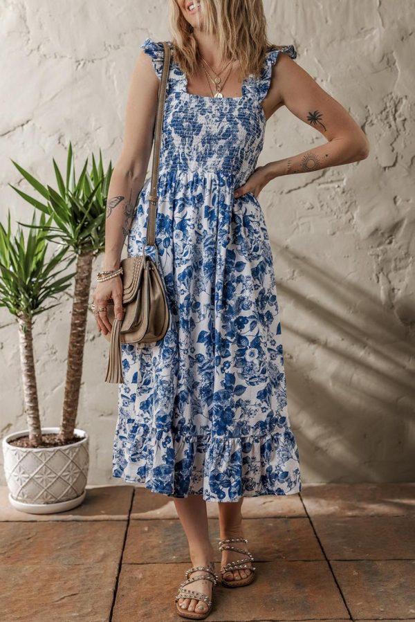 Midi Dresses | Women Blue Floral Print Ruffle Strap Square Neck Smocked Bodice Midi Dress - Image 2
