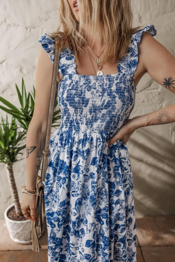 Midi Dresses | Women Blue Floral Print Ruffle Strap Square Neck Smocked Bodice Midi Dress - Image 3