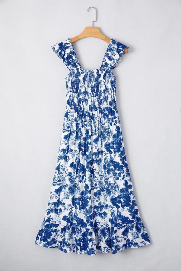 Midi Dresses | Women Blue Floral Print Ruffle Strap Square Neck Smocked Bodice Midi Dress - Image 4