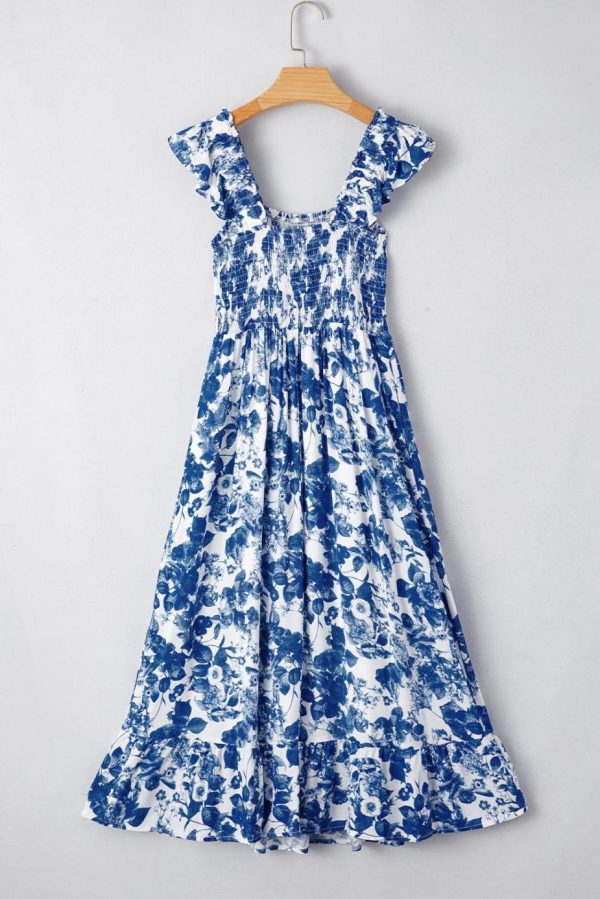 Midi Dresses | Women Blue Floral Print Ruffle Strap Square Neck Smocked Bodice Midi Dress - Image 5