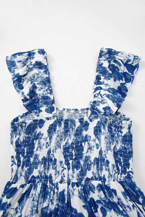 Midi Dresses | Women Blue Floral Print Ruffle Strap Square Neck Smocked Bodice Midi Dress - Image 7