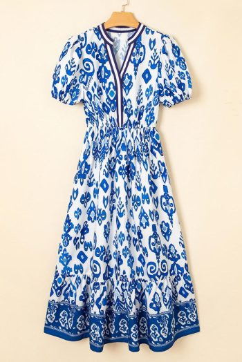 Midi Dresses | Women Blue Floral Ruffle Hem Pop Of Color Neckline Dress