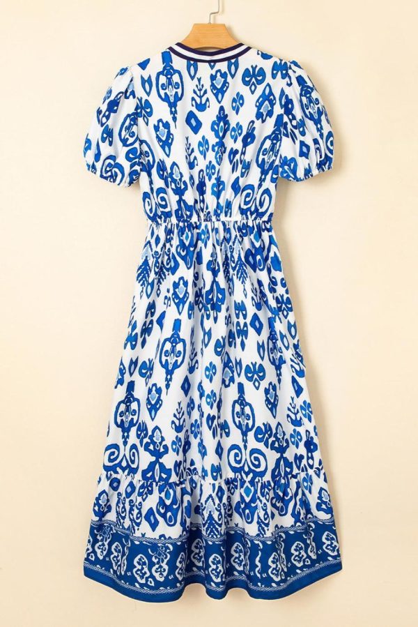 Midi Dresses | Women Blue Floral Ruffle Hem Pop Of Color Neckline Dress - Image 2