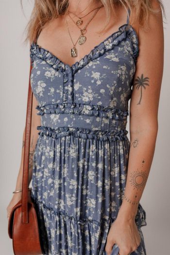 Midi Dresses | Women Blue Floral Spaghetti Strap Frill V Neck Tiered Midi Dress