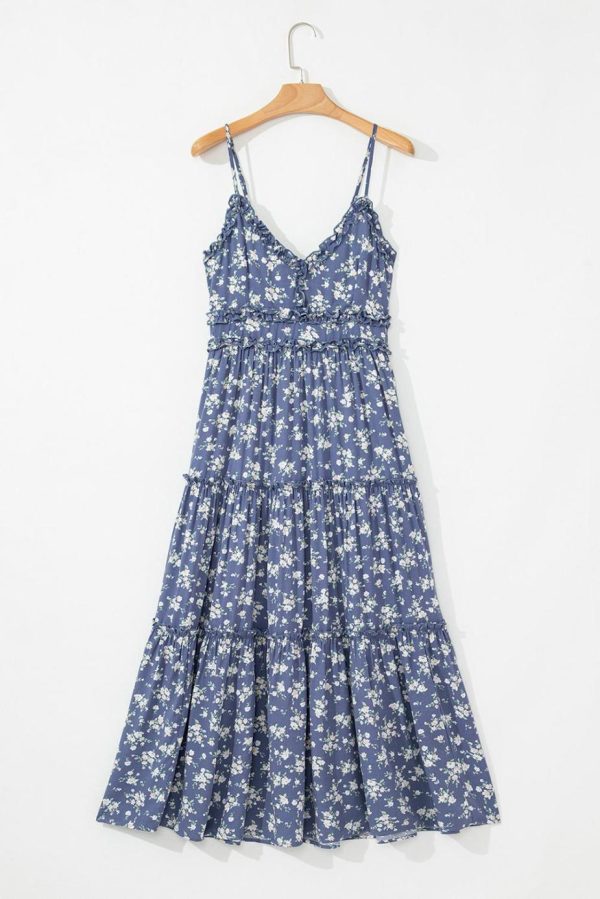 Midi Dresses | Women Blue Floral Spaghetti Strap Frill V Neck Tiered Midi Dress - Image 5