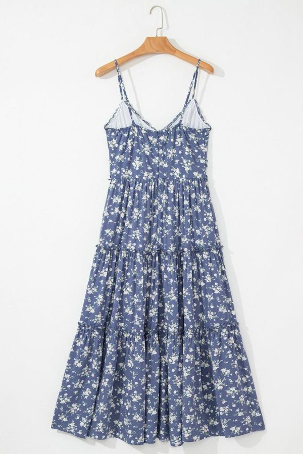 Midi Dresses | Women Blue Floral Spaghetti Strap Frill V Neck Tiered Midi Dress - Image 6