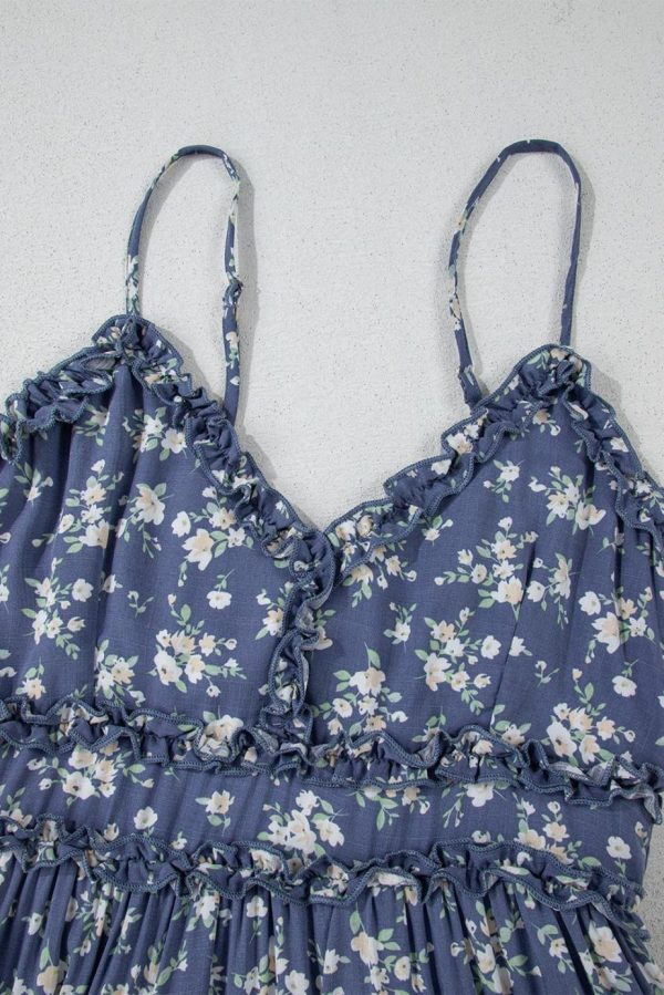 Midi Dresses | Women Blue Floral Spaghetti Strap Frill V Neck Tiered Midi Dress - Image 7