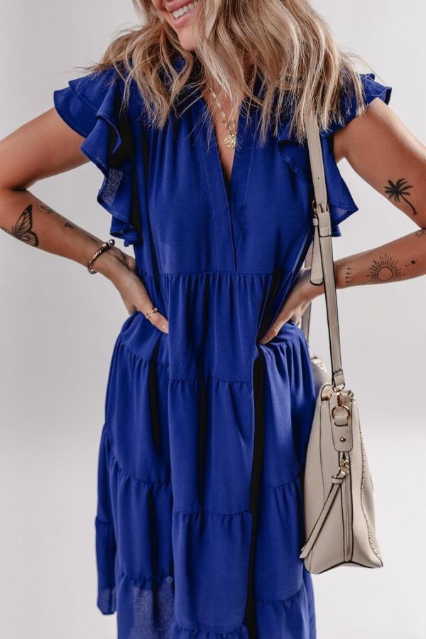 Midi Dresses | Women Bluing Ruffled Short Sleeve Collared V Neck Tiered Midi Dress
