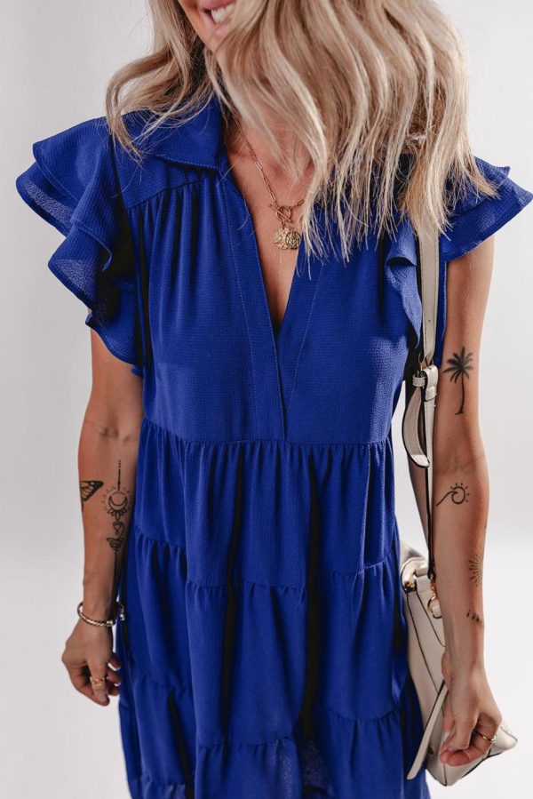 Midi Dresses | Women Bluing Ruffled Short Sleeve Collared V Neck Tiered Midi Dress - Image 3