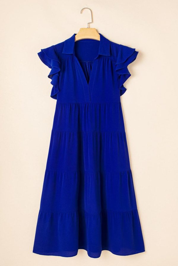 Midi Dresses | Women Bluing Ruffled Short Sleeve Collared V Neck Tiered Midi Dress - Image 4