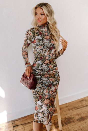 Midi Dresses | Women Brown Floral Allover Print Mock Neck Bodycon Midi Dress