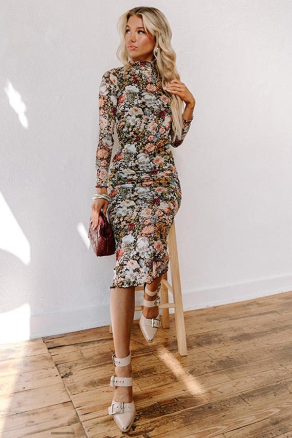 Midi Dresses | Women Brown Floral Allover Print Mock Neck Bodycon Midi Dress - Image 2
