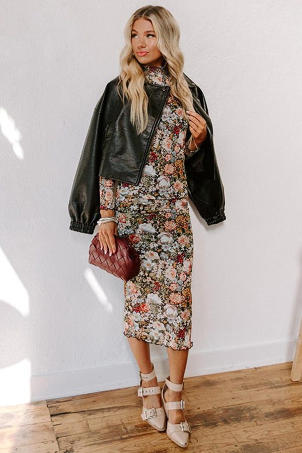 Midi Dresses | Women Brown Floral Allover Print Mock Neck Bodycon Midi Dress - Image 3