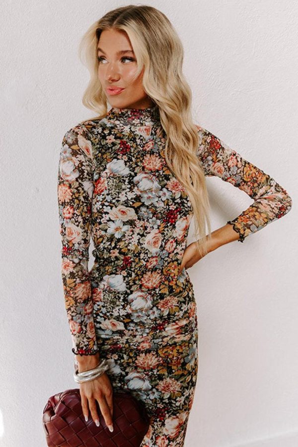 Midi Dresses | Women Brown Floral Allover Print Mock Neck Bodycon Midi Dress - Image 5
