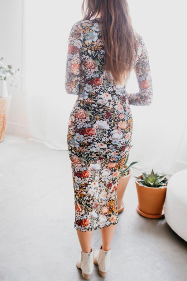 Midi Dresses | Women Brown Floral Allover Print Mock Neck Bodycon Midi Dress - Image 7