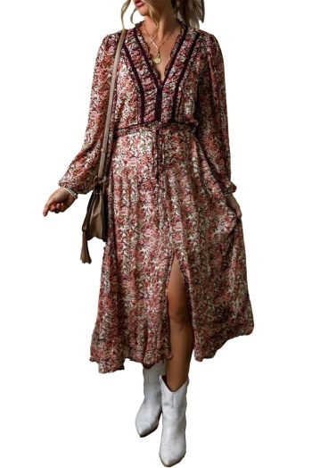 Midi Dresses | Women Brown Floral Print Frill V Neck Split Midi Dress