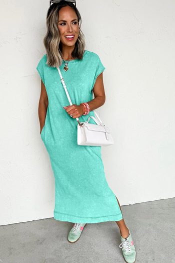 Midi Dresses | Women Clearly Aqua Mineral Wash Pocketed T-Shirt Dress