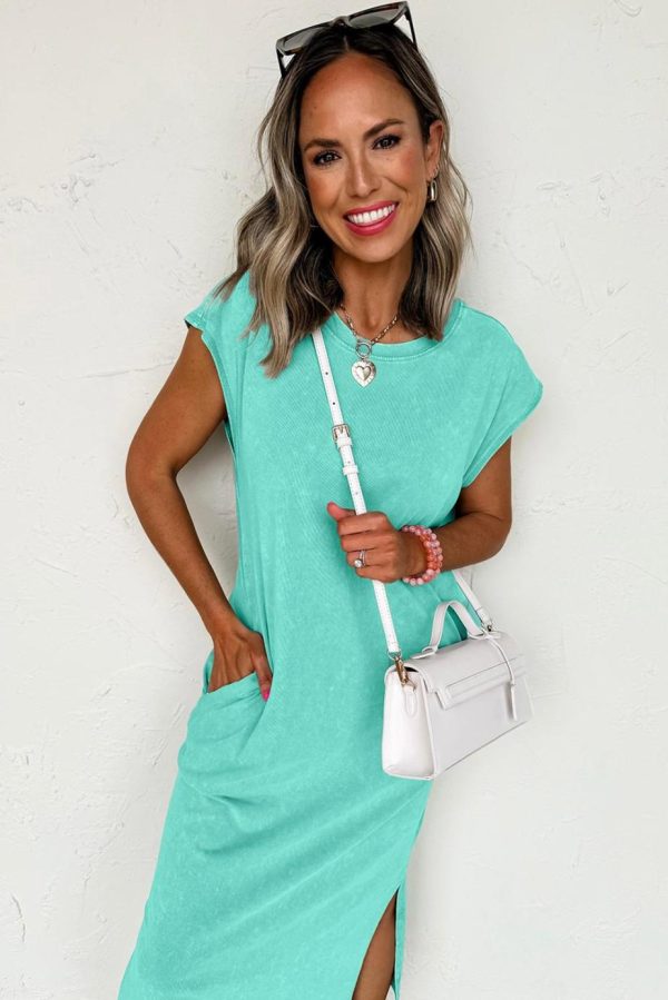 Midi Dresses | Women Clearly Aqua Mineral Wash Pocketed T-Shirt Dress - Image 3