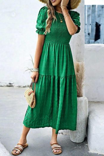 Midi Dresses | Women Dark Green Solid Textured Shirred High Waist Midi Dress
