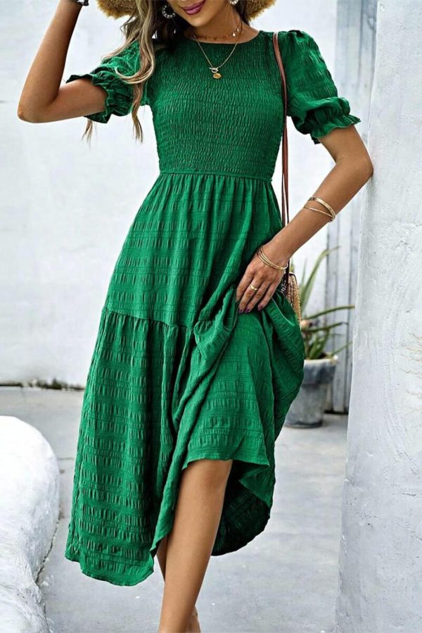 Midi Dresses | Women Dark Green Solid Textured Shirred High Waist Midi Dress - Image 2