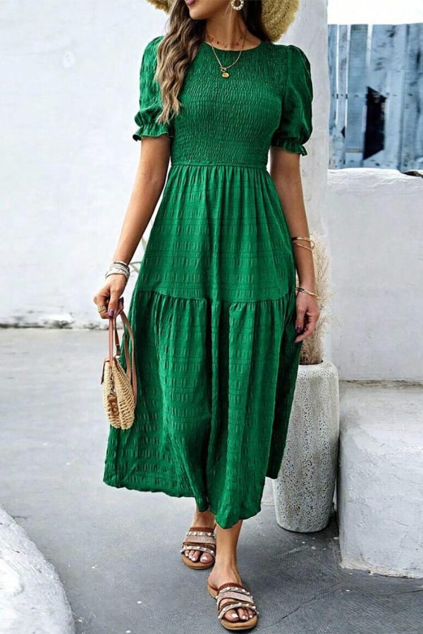 Midi Dresses | Women Dark Green Solid Textured Shirred High Waist Midi Dress - Image 3