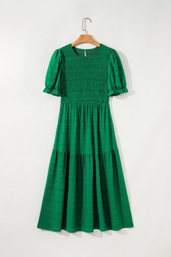 Midi Dresses | Women Dark Green Solid Textured Shirred High Waist Midi Dress - Image 4