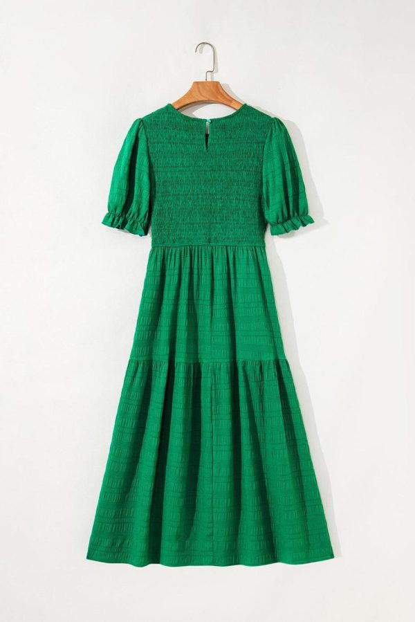 Midi Dresses | Women Dark Green Solid Textured Shirred High Waist Midi Dress - Image 5