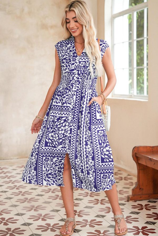 Midi Dresses | Women Dirty Blue Floral Print Smocked Waist Sleeveless Dress - Image 2