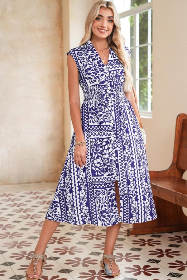 Midi Dresses | Women Dirty Blue Floral Print Smocked Waist Sleeveless Dress - Image 3