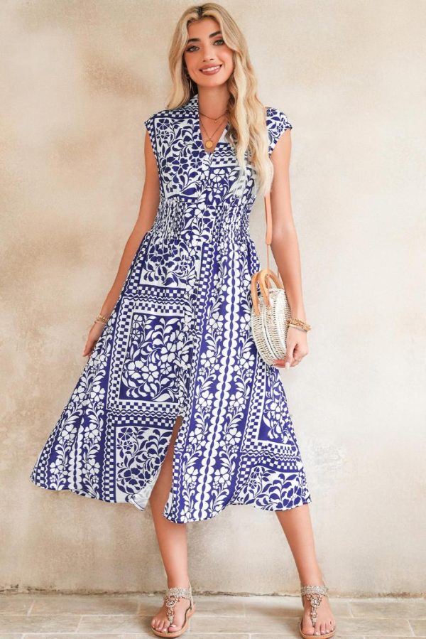 Midi Dresses | Women Dirty Blue Floral Print Smocked Waist Sleeveless Dress - Image 4