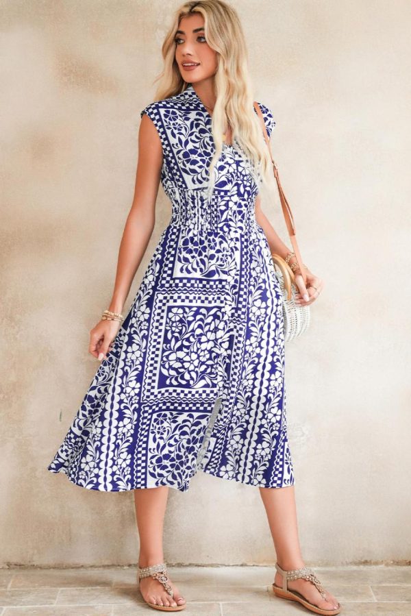 Midi Dresses | Women Dirty Blue Floral Print Smocked Waist Sleeveless Dress - Image 5
