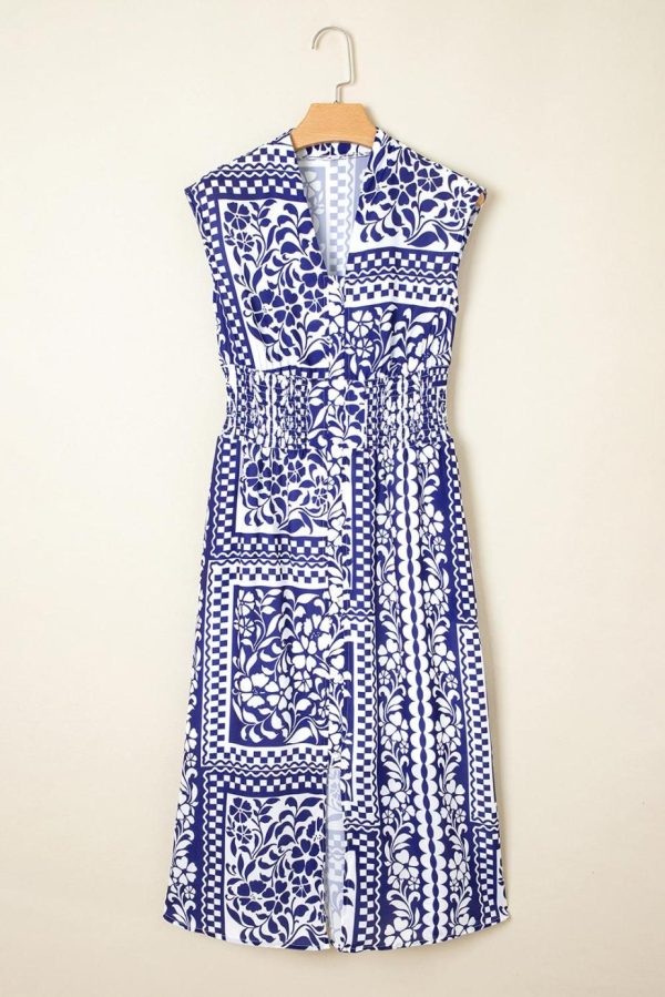 Midi Dresses | Women Dirty Blue Floral Print Smocked Waist Sleeveless Dress - Image 7