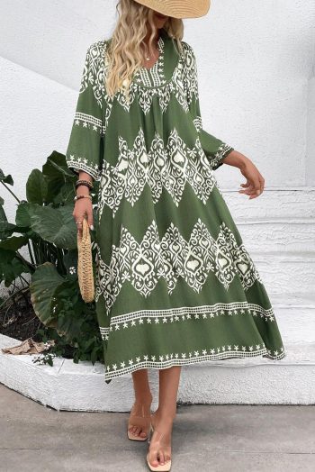 Midi Dresses | Women Green Abstract Geometric Print Long Sleeve Vacation Dress