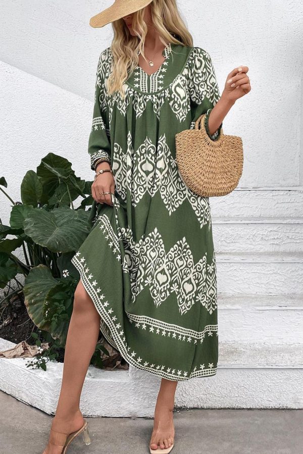 Midi Dresses | Women Green Abstract Geometric Print Long Sleeve Vacation Dress - Image 2
