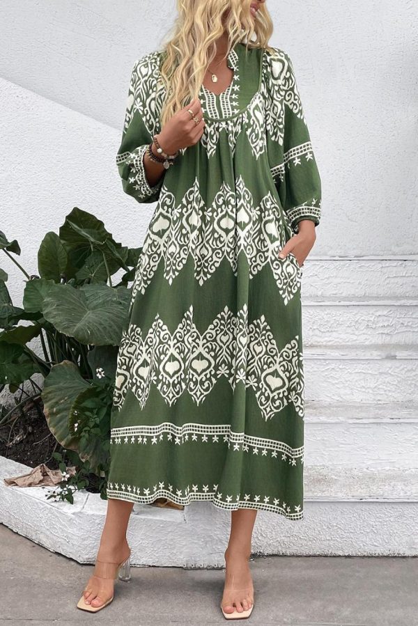 Midi Dresses | Women Green Abstract Geometric Print Long Sleeve Vacation Dress - Image 3