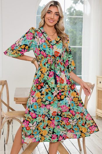 Midi Dresses | Women Green Boho Floral Puff Sleeve V Neck Tassel Drawstring Midi Dress