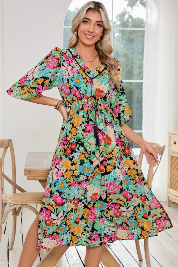 Midi Dresses | Women Green Boho Floral Puff Sleeve V Neck Tassel Drawstring Midi Dress