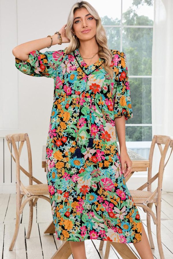Midi Dresses | Women Green Boho Floral Puff Sleeve V Neck Tassel Drawstring Midi Dress - Image 2