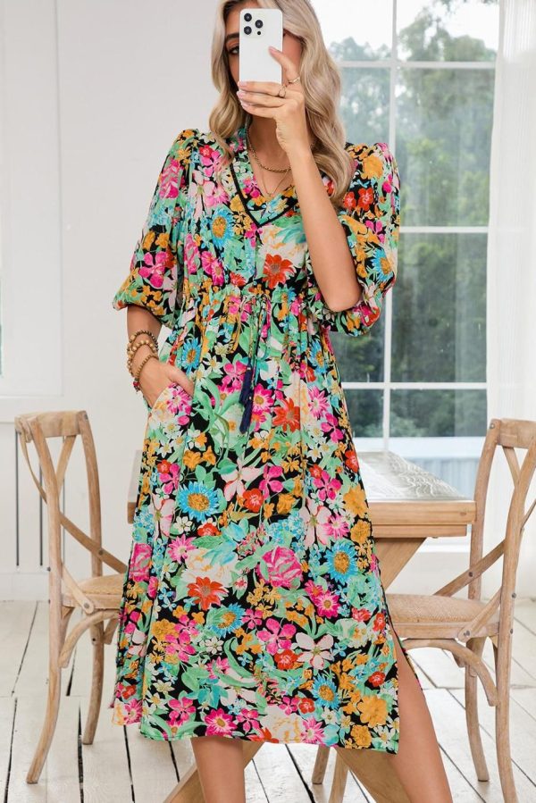 Midi Dresses | Women Green Boho Floral Puff Sleeve V Neck Tassel Drawstring Midi Dress - Image 4