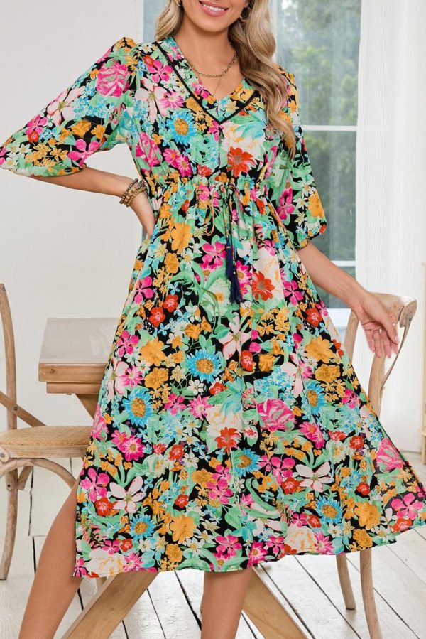 Midi Dresses | Women Green Boho Floral Puff Sleeve V Neck Tassel Drawstring Midi Dress - Image 5