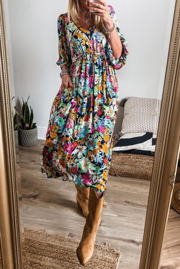 Midi Dresses | Women Green Boho Floral Puff Sleeve V Neck Tassel Drawstring Midi Dress - Image 6