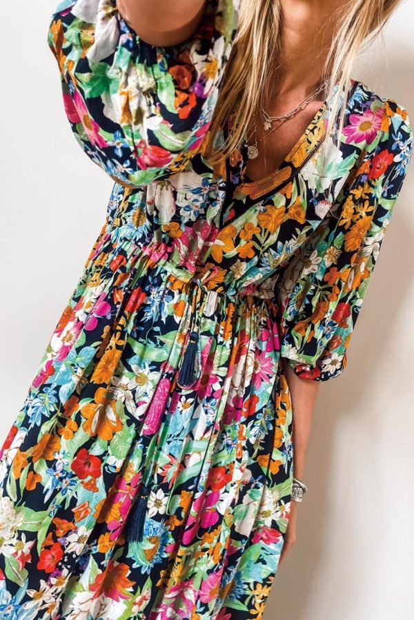 Midi Dresses | Women Green Boho Floral Puff Sleeve V Neck Tassel Drawstring Midi Dress - Image 7