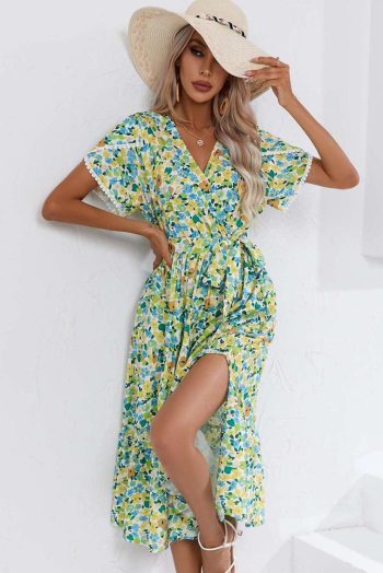 Midi Dresses | Women Green Floral Knot Waist V Neck Midi Dress