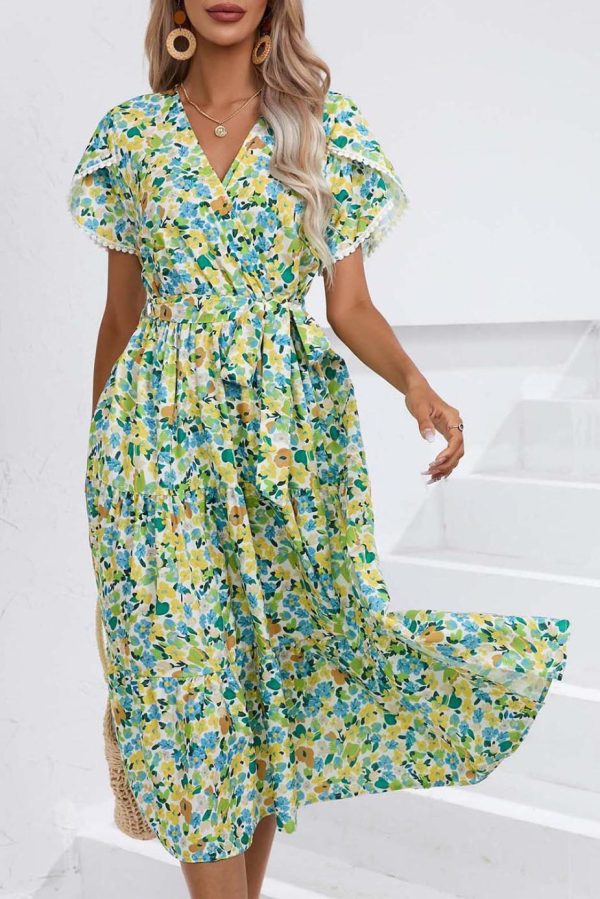 Midi Dresses | Women Green Floral Knot Waist V Neck Midi Dress - Image 2