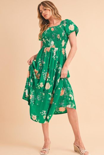 Midi Dresses | Women Green Floral Print Bubble Sleeve Smocked Tiered Midi Dress