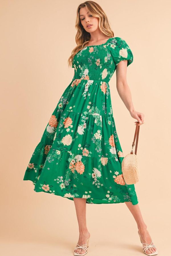 Midi Dresses | Women Green Floral Print Bubble Sleeve Smocked Tiered Midi Dress - Image 2
